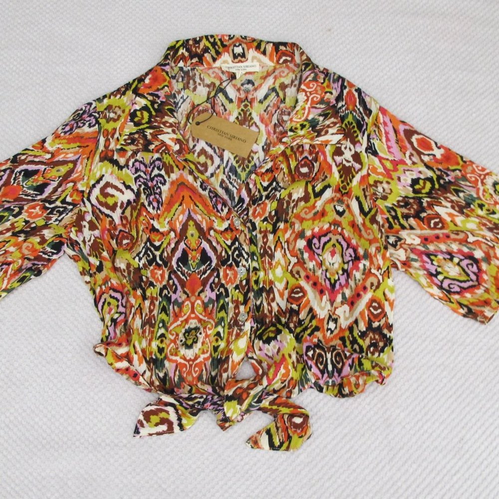 Christian Siriano NWT Small Cropped Tie At Waist Long Sleeve Top Colorful